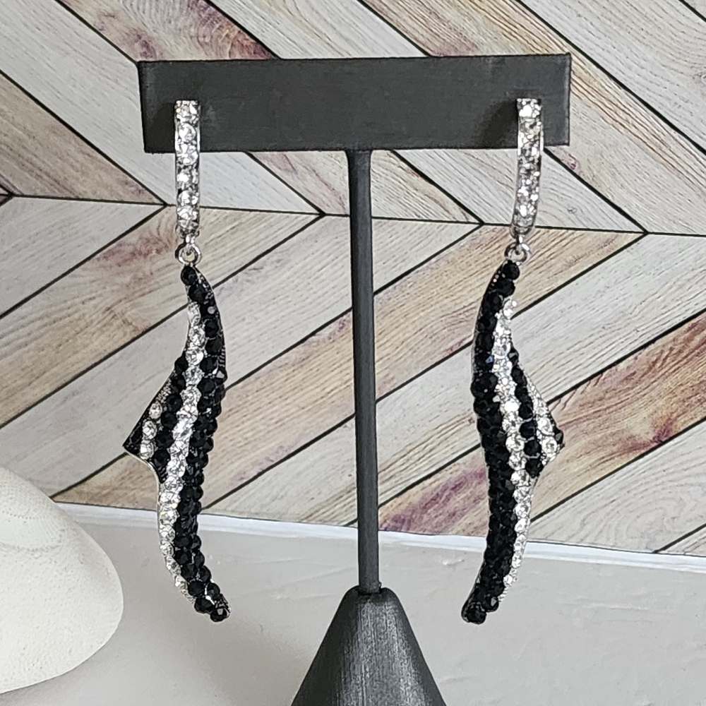 Silver with Black and Clear Zirconia Crystals Drop Earrings New